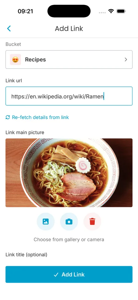 Add Link screen with the Recipes bucket chosen, a pasted Wikipedia link and the picture fetched from it