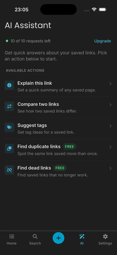 AI tab with the remaining requests counter, and the list of actions with Find duplicate links and Find dead links marked Free
