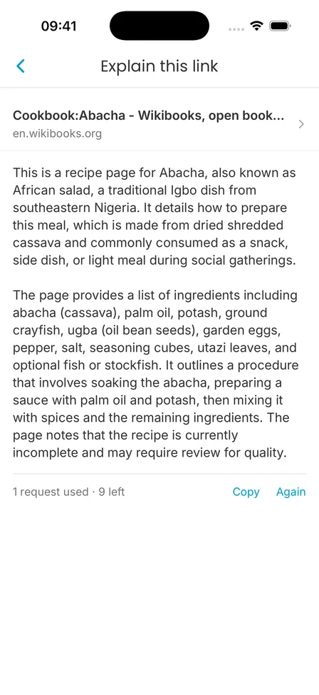 An Explain result: a short summary of a saved recipe page, with the requests used and left, and Copy and Again buttons