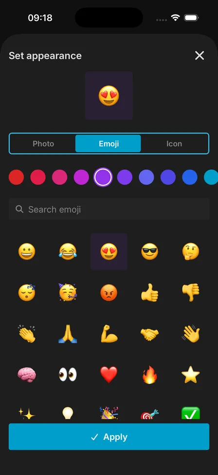 Set appearance sheet with the Photo / Emoji / Icon picker, the row of colour swatches and a grid of emoji