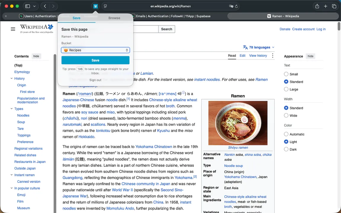 Browser extension popup over a Wikipedia article, with the Save tab open: the page's title, the Recipes bucket picked and the Save button, and the Browse tab next to it