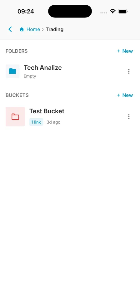 The Trading folder opened from Home, with the Home › Trading breadcrumb above, a nested subfolder and a bucket inside it