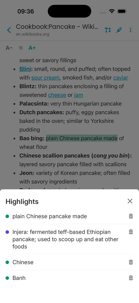 The Highlights sheet over the article, listing its highlights with their colour dots