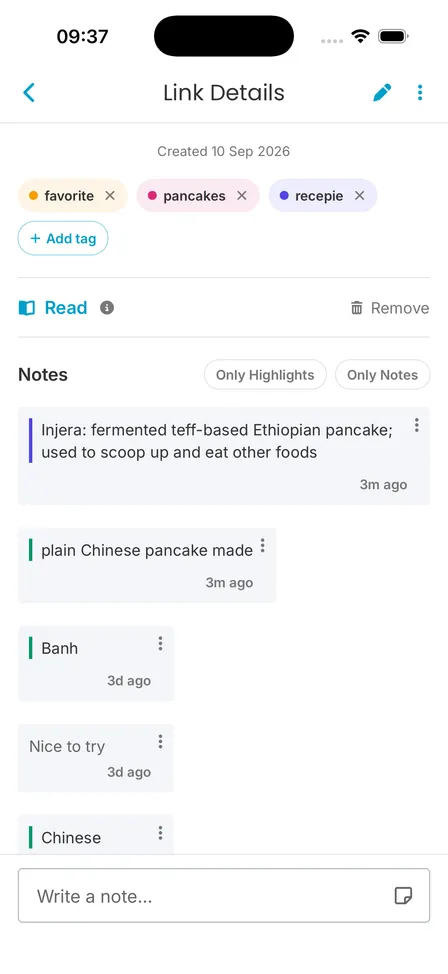 Link details with highlights and notes listed together, the Only Highlights / Only Notes filter above them and the Write a note field at the bottom