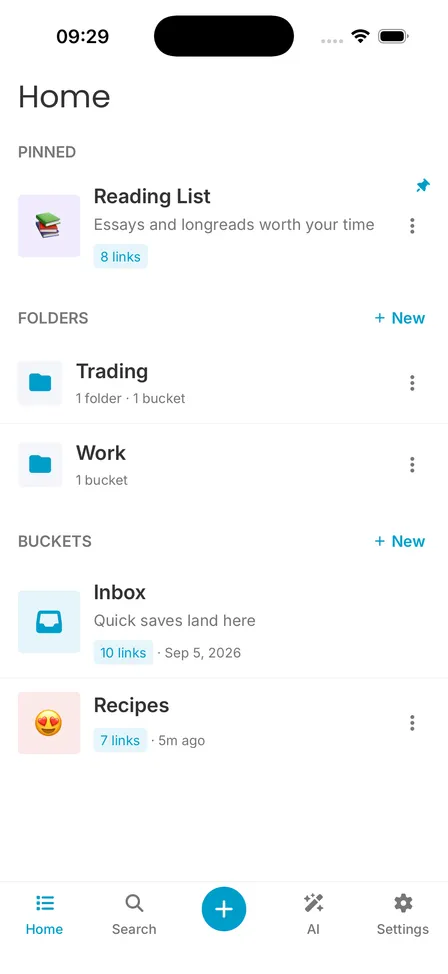Home screen with the Reading List bucket in the Pinned section at the top, marked with a pin icon, above the folders and buckets