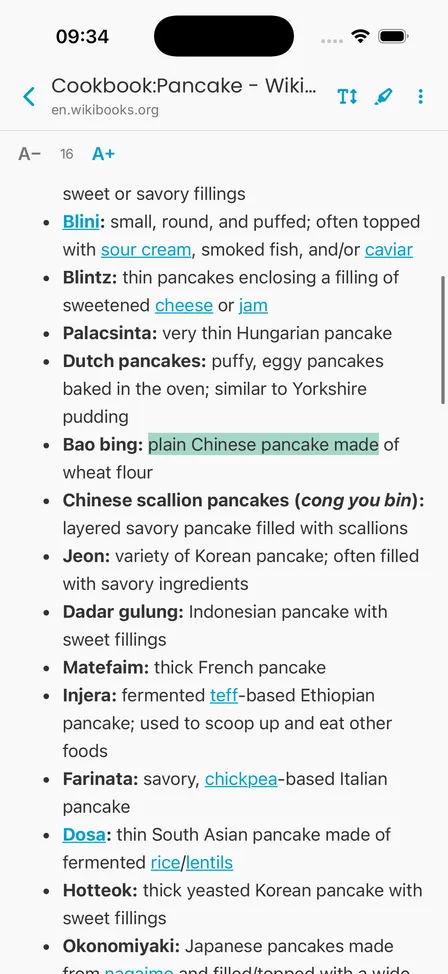Reader mode showing a clean Wikibooks article about pancakes, with the text size control open and one passage highlighted