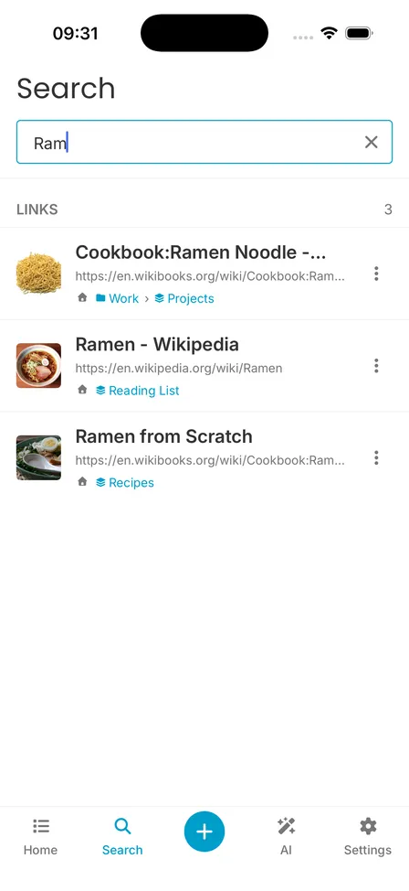 Search screen with “Ram” typed and three matching links, each showing the folder and bucket it lives in