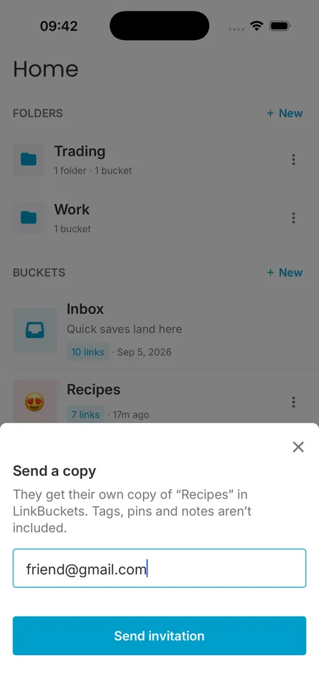 The Send a copy sheet for the Recipes bucket with a friend's email address entered and the Send invitation button