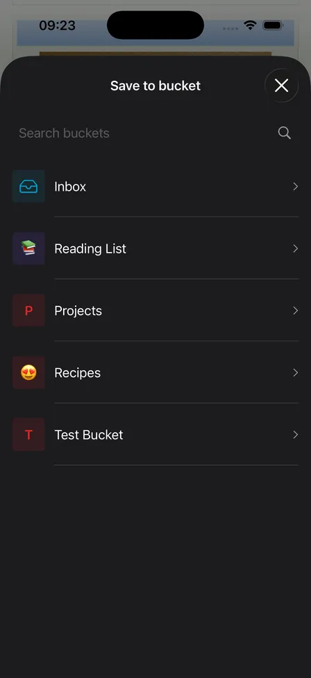 The Save to bucket sheet opened from another app's share sheet, with a bucket search field and the list of buckets