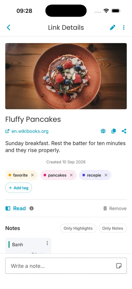 Link details for a pancake recipe with its coloured tag chips and the Add tag button