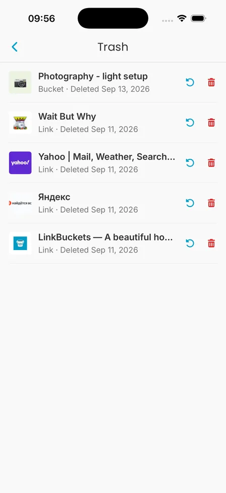 Trash screen listing deleted buckets and links with the date each was deleted, each with Restore and Delete permanently buttons